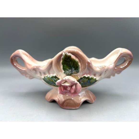 Vintage Ceramic Pink Floral Double Handled Dish Planter Trinket Made In Japan - Picture 1 of 7